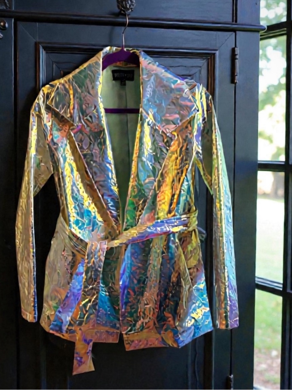 Current Mood Iridescent Holographic Unicorn Crinkle-Textured Jacket Belted Small